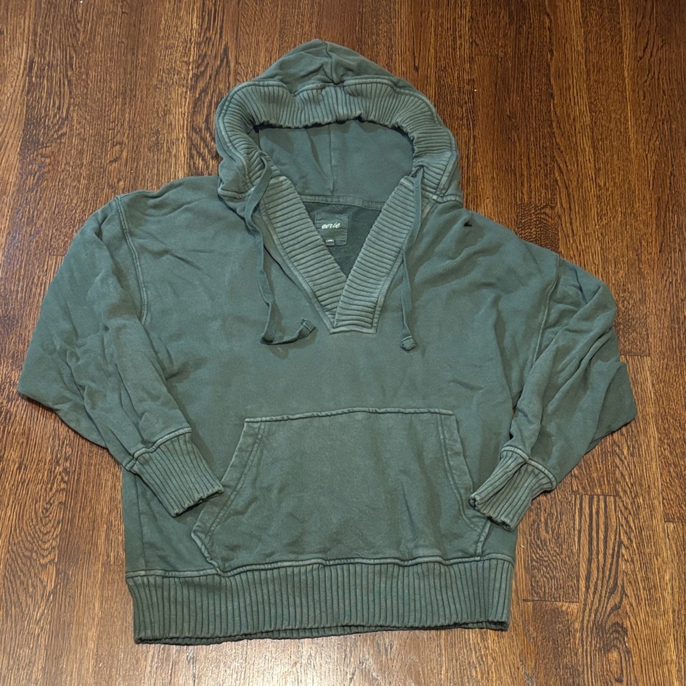 Aerie Washed Olive Green Hooded Pullover Sweatshirt